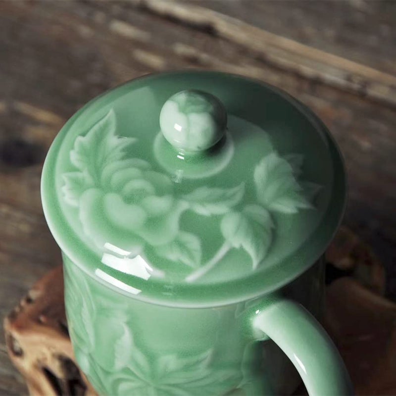 Handmade Celadon Teacups 13oz Coffee Mugs with Lid Porcelain Cups Embossed with Peony Chinese Celadon(01-Green) - Image 5